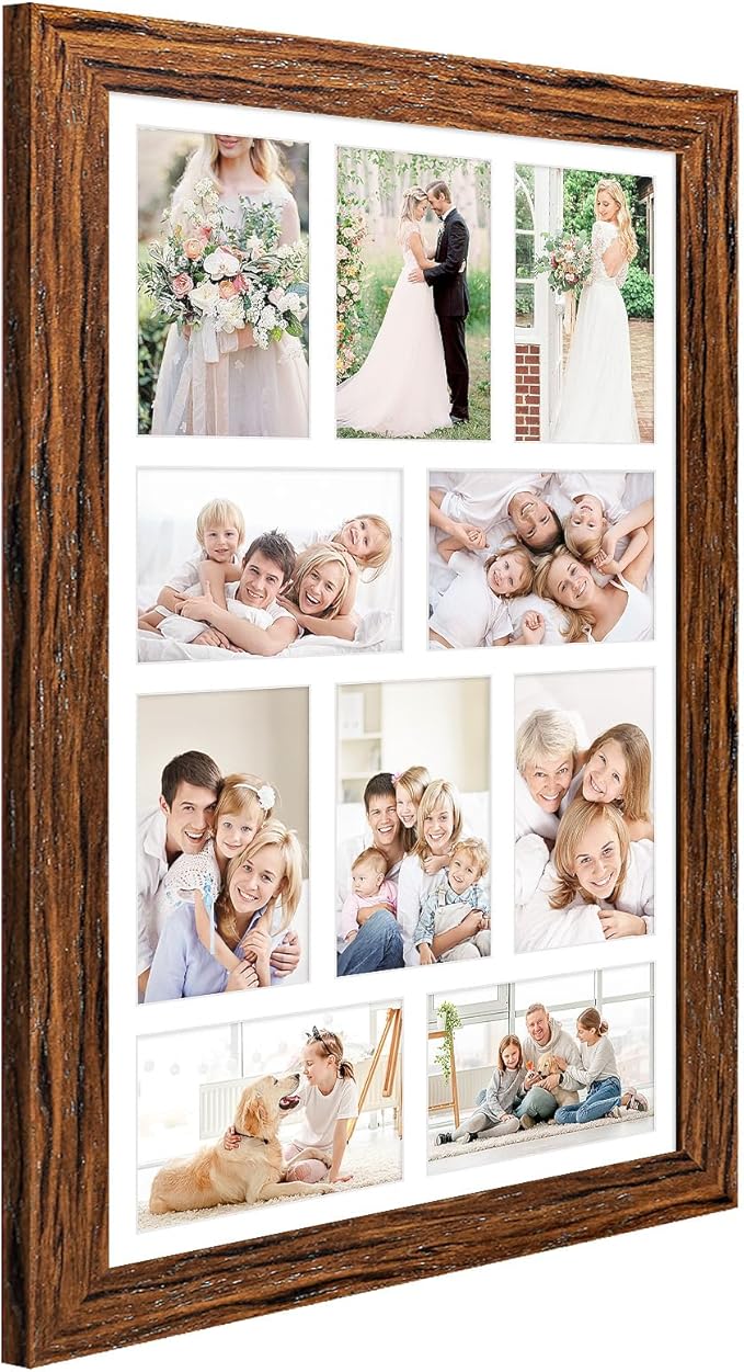 13x21 Picture Frame Display 10 opening 4X6 Picture Frame Collage,Multi Photo Frame with Mat,Plexiglass,Wall Mount Decor,Carbonized Brown Wood Grain