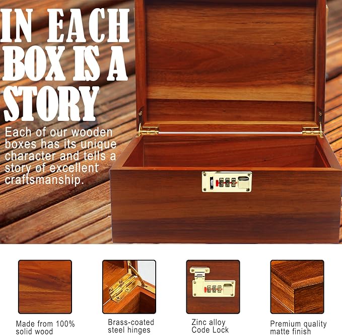 2pcs Wooden Box Decorative Acacia Wooden Storage Box with Combination Lock with Hinged Lid Keepsake Chest Stash Box Decorative Lockable Chest for Keepsakes, Memory Boxes Wood Gift Box