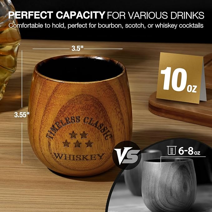 SALUNA Wooden Whiskey Glasses Set 4 - Charred Wooden Bourbon Drinking Glass, Whisky Glass Sets Bourbon Gifts for Men, Dad or Brother On Birthday Christmas Anniversary Retirement 10 OZ