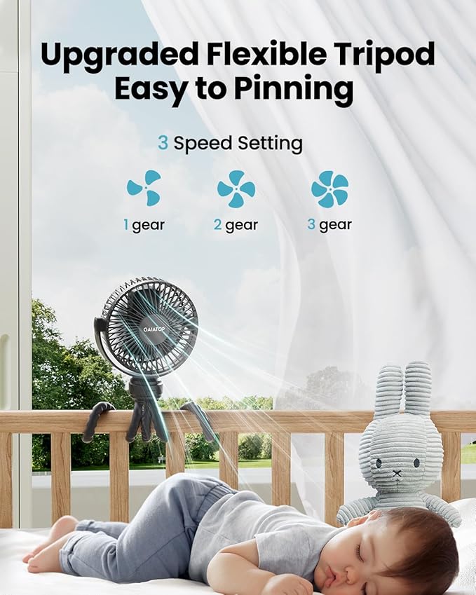 Gaiatop Mini Portable Stroller Fan, Battery Operated Small Clip on, Detachable 3 Speed Rechargeable, 360° Rotate Flexible Tripod Better Cooling for Car Seat Crib Treadmill Travel Black