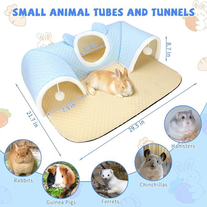 YUEPET 3-Way Bunny Tunnel Bed, Rabbit Play Tunnel for Medium Small Bunnies | Rabbit Tunnels for Indoor Bunnies, Removable Washable Cover, Anti-Slip Bottom, 29.5 x 21.7 in, For Guinea Pigs, Blue