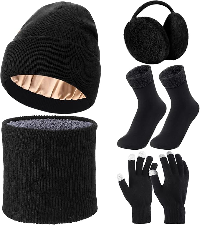 SATINIOR 5 Pcs Winter Satin Lined Hat Scarf Gloves Set Knit Pompom Beanie Warm Touchscreen Glove Earmuff Ear Warmer for Women