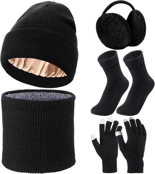 SATINIOR 5 Pcs Winter Satin Lined Hat Scarf Gloves Set Knit Pompom Beanie Warm Touchscreen Glove Earmuff Ear Warmer for Women