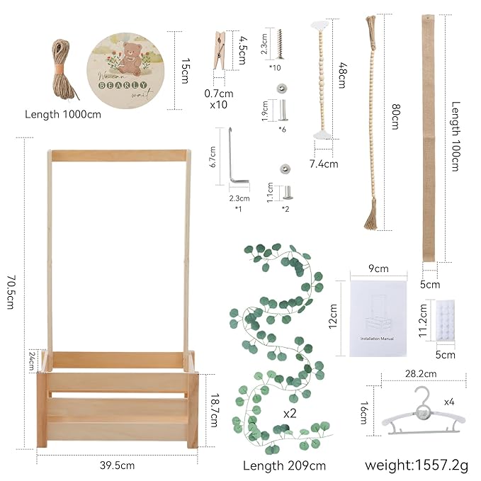 Wooden Baby Shower Crate - Baby Shower Basket Gift Set with Milestone Card, Eucalyptus Leaves, Tassel Bead String, Burlap Tape & More for Baby Showers, Nursery Decor & Photo Props