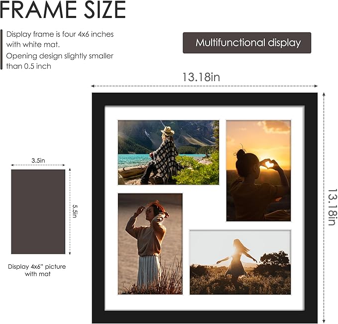 12x12 Picture Frame, 4x6 Collage Picture Frame, Displays Four 4x6 inch Photos, or 12x12 (Without Mat) Available for Wall Mount or Table Top Horizontal and Vertical Display, Black.