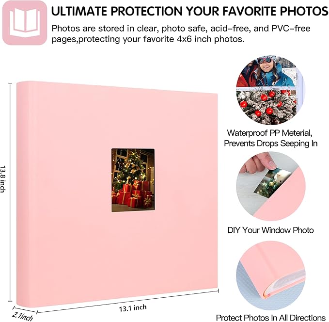 Photo Album 4x6 600 Photos with Writing Space,4 x 6 Photo Book Linen Cover with Front Window, 4x6 Picture Album 600 Photos Photo Album Book for Wedding Kids Travel Family Baby Pictures (Pink)