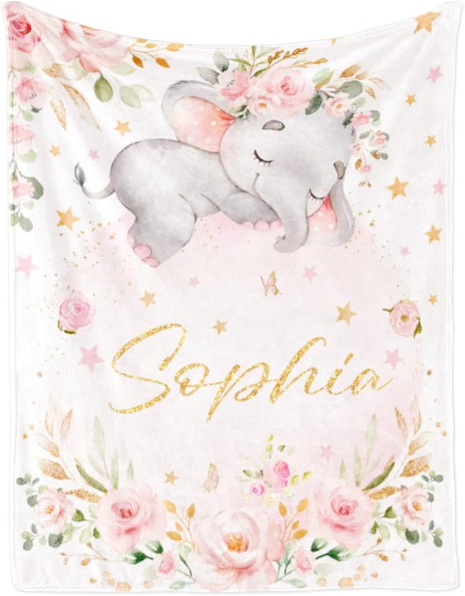 Custom Elephant Blanket with Name for Girl, Personalized Name Blanket for Kids, Soft Flannel Pink Elephant Toddler Blanket Customized Gift for Birthday Christmas Children Day 40x50inch