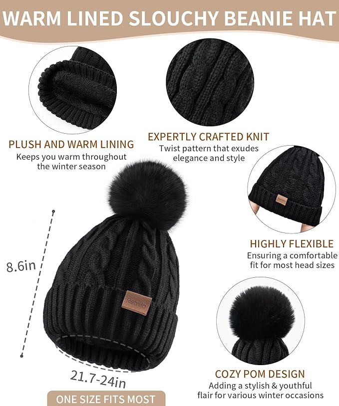 Remifa Winter Hat Scarf Gloves Set for Women, 3 PCS Beanie Hat Touchscreen Glove Long Neck Kint Scarf Valentines Gifts