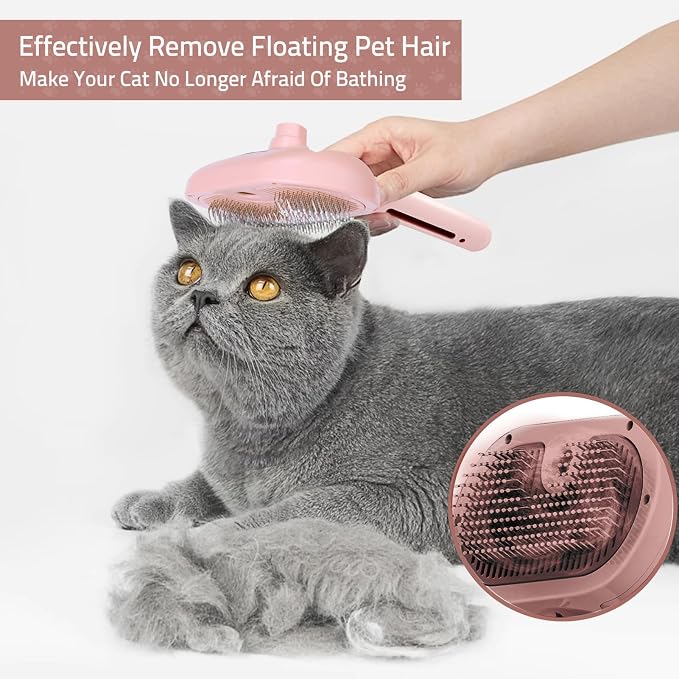 Bunny Ferret Steam Brush Release Button Self Cleaning Spray Comb for Long and Short Hair Cats Rechargeable Steaming Cat Grooming Brush Steamer to Remove Loose Hair (Pink)