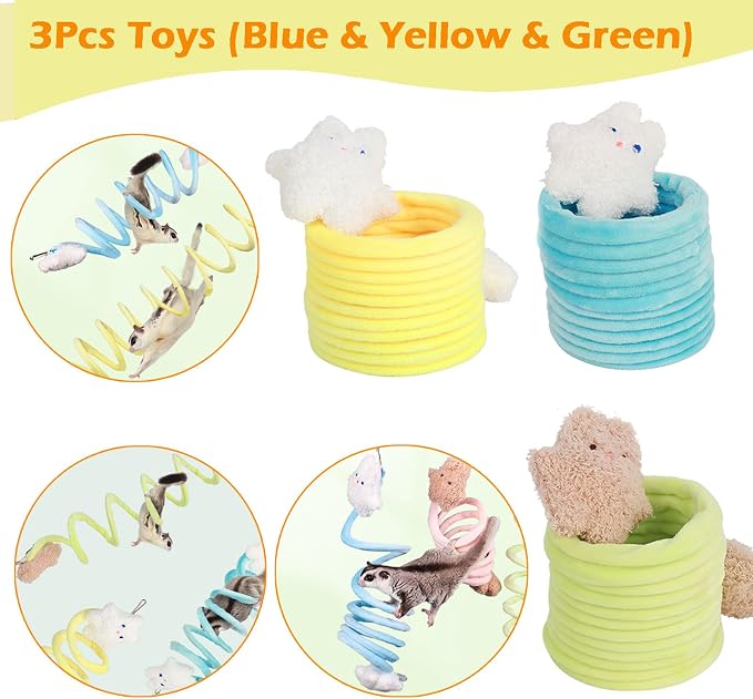 3Pcs Elastic Sugar Glider Climbing Rope Toys, Hanging Cage Accessory | Enrichment Toys Wrapped in Short Plush for Soft Touch & Spring Design Boost Climbing Fun & Build Small Pets’ Climb Strength