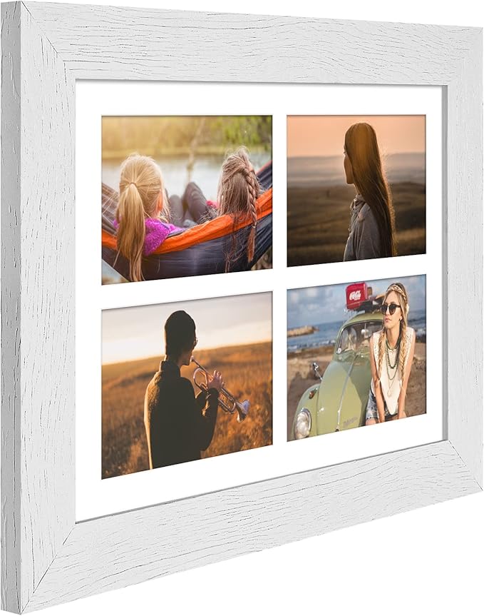 9x13 Picture Frame Display 4 opening 4X6 Picture Frame Collage,Multi Photo Frame with Mat,Plexiglass,Wall or Tabletop Decor,Distressed White Wood Grain