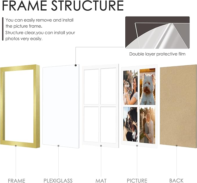 12x16 Picture Frame 5x7 Collage Picture Frame Displays Four 5x7 inch Photos or 12x16 (Without Mat) for Available Horizontal Wall Mounting Display and Vertical Gold