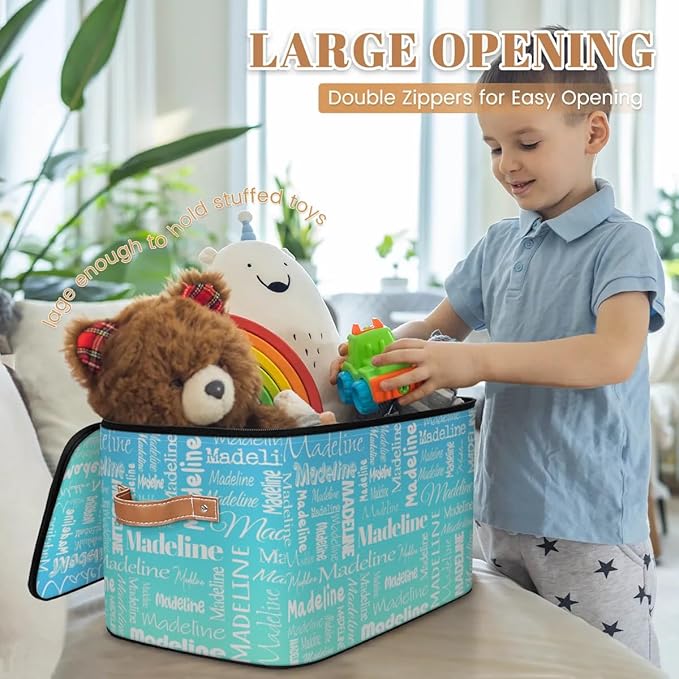 Custom Storage Basket with Name, Personalized Keepsake Box with Zipper Lid, Foldable Fabric Memory Bin Large capacity with Handle Blue Green Gradient
