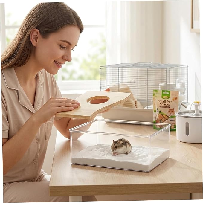 Hamster Sand Box, Wooden Cover Clear Acrylic Hamster Dig Box for Small Pets - Saves Space, Easy to Clean, Stable Container for Hamsters, Gerbils, Mice, Indoor Use