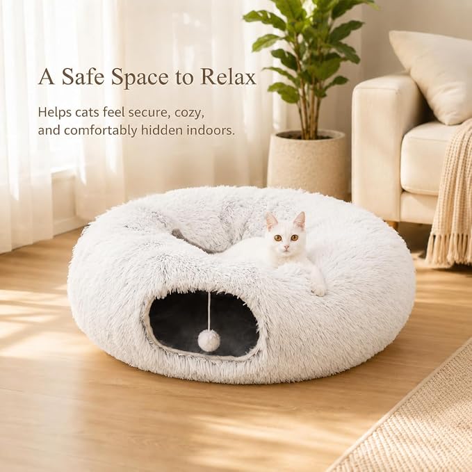 Warm Fluffy Plush Cat Dog Tunnel Bed Under Christmas Tree Big Tube Playground Toys 3 FT Diameter Longer Crinkle Collapsible 3 Way, for Indoor Cat Kitty Kitten Puppy Rabbit Ferret White
