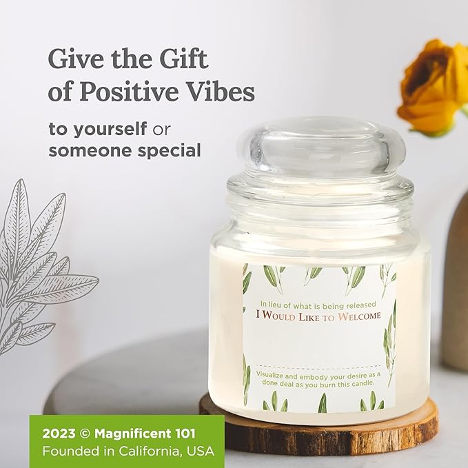 Magnificent 101 Pure Sage Energy Cleansing Aromatherapy Glass Candle for Meditation, Manifestation, and Intention-Setting - 14.5 oz with Lid, Natural Soy Wax and Essential Oil | 56-Hour Burn Time