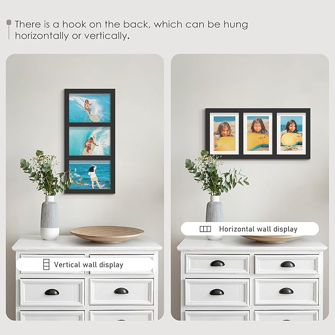 5x7 Picture Frame Collage Holds 3 Photos Made of High Definition Glass, Mat for Display 4x6 Picture Frame Collage Photo for Wall Decor Black