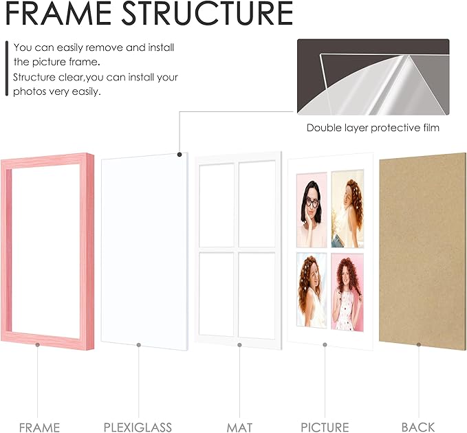 12x16 Picture Frame 5x7 Collage Picture Frame Displays Four 5x7 inch Photos or 12x16 (Without Mat) for Available Horizontal Wall Mounting Display and Vertical Pink