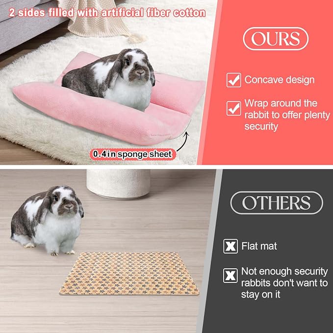 MEWTOGO 15.7" x 14" Bunny Bed for Rabbit Cage, Thickened & Soft | Prevent Sore Hocks Plush Mat with Cotton Lounger Pillows, Small Animal Flop Mat for Hutch Sleeping Indoor, Pink