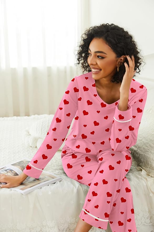 Ekouaer Womens 2 Pack Pajama Set Long Sleeve Pajamas Top and Pants V Neck Pjs Set Soft Loungewear with Pockets