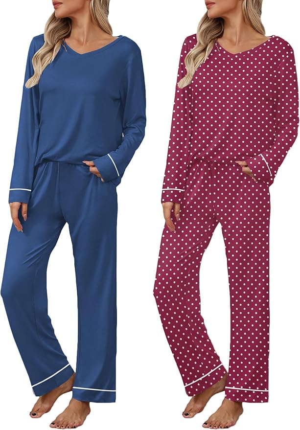 Ekouaer Womens 2 Pack Pajama Set Long Sleeve Pajamas Top and Pants V Neck Pjs Set Soft Loungewear with Pockets