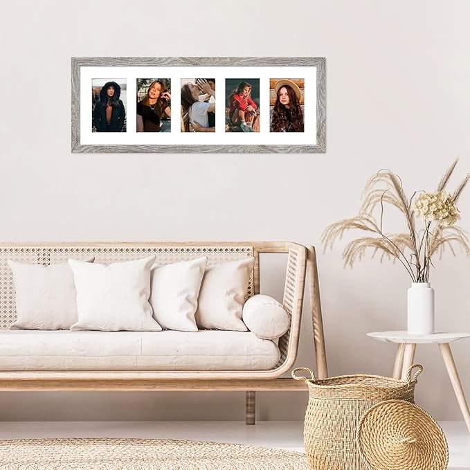 8x24 Collage frame with 5 Openings 4X6 Pictures, Multiple Picture Frame with Mat, Wall or Tabletop Decor, Grey Wood Grain (1 Pack)
