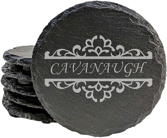 Personalized Monogram Family Coasters, Natural Stone Set, Birthday, Wedding, Customized, Rustic - Round Slate - Set of 5