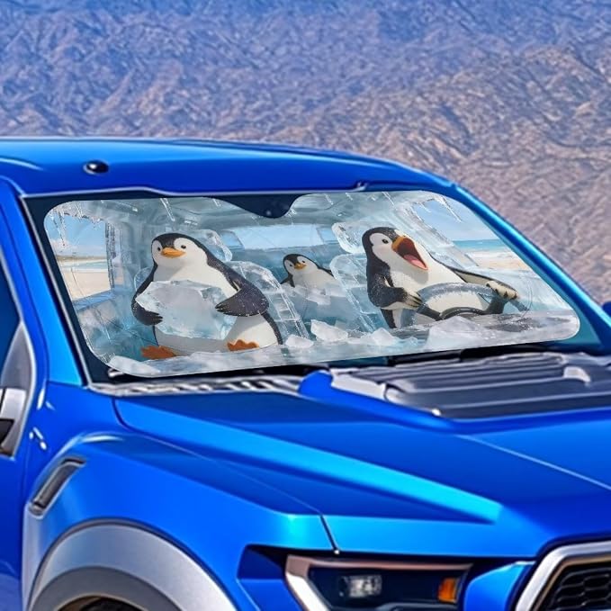 Cute Penguins Car Windshield Sun Shade Fit Front Window Foldable Funny Automotive Interior Accessories for Protection Auto Sun Heat and UV Rays Blocker Universal