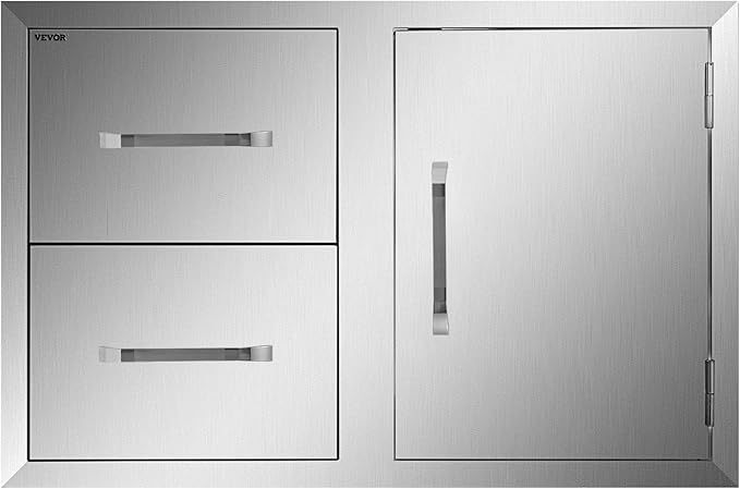 VEVOR Outdoor Kitchen Door Drawer Combo, 32.5" W x 21.6" H x 20.5" D, Access Door/Double Drawers with Paper Towel Rack, Stainless Steel Handles for BBQ Islands