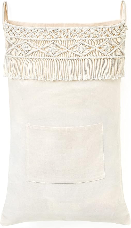 Mkono Macrame Hanging Laundry Hamper Bag Over The Door Organizer Laundry Bag Boho Decor Hanging Clothes Hamper for College Dorm Room Bathroom Home Travel Space Saving