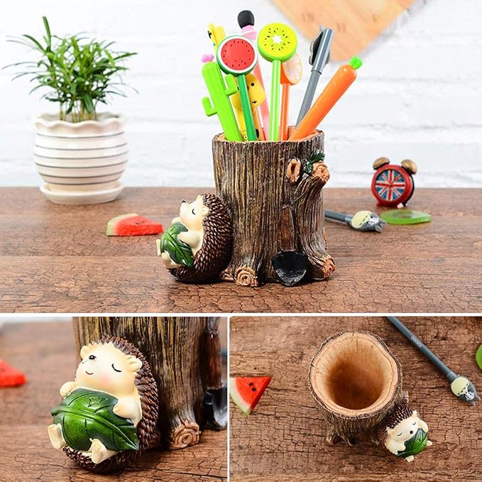 Lependor Cute Hedgehog Desk Pen Pencil Pot Holder Toothbrush Holder Resin Desktop Organizer Container Stationery Storage Office Desk Decoration Study Bookshelf Decor - Rest