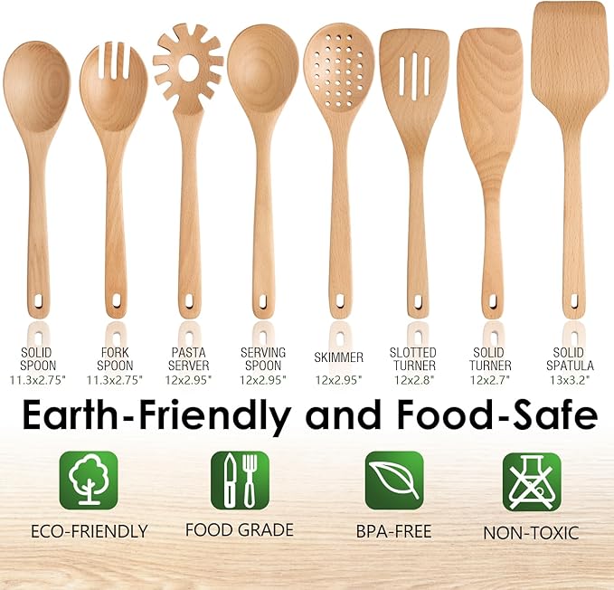 Wooden Spoons for Cooking, 8-Piece Natural Beech Wood Cooking Utensils Set – Wooden Kitchen Utensils Set, Nonstick Safe Non-Toxic Wooden Cooking Tools by HOWHONG