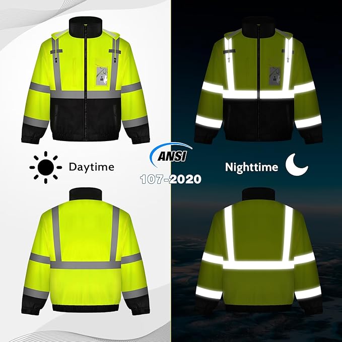 High Visibility Safety Jacket, Reflective Jacket with Pockets for Men& Women, Construction Coats for Winter Cold Weather, Waterproof High Vis Rain Gear, Class 3 Yellow-Black, M