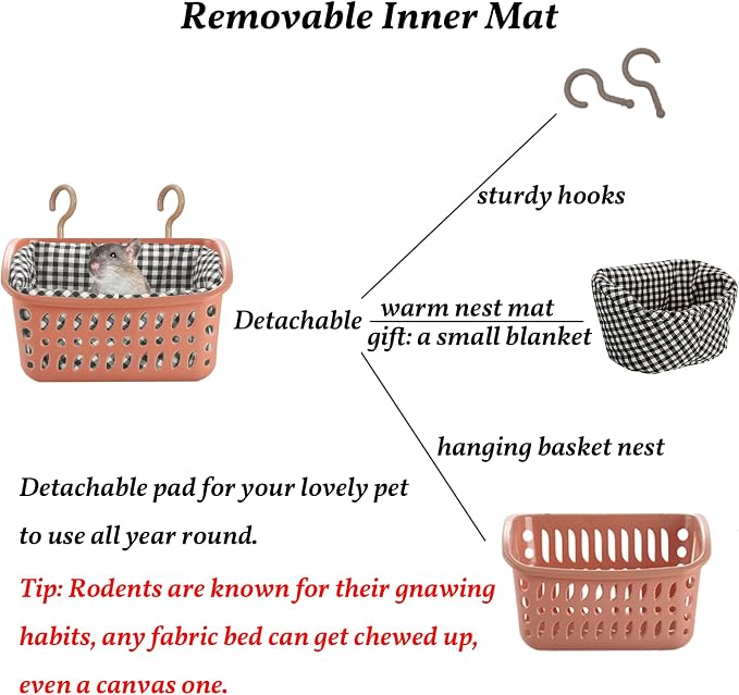 JWShang Rat Hammock for Cage - Small Animal Hanging Basket Bed with Sturdy Hooks, Cozy Pet Rat Cage Accessories for Guinea Pig Chinchilla Sugar Glider Ferret (Pink, S)