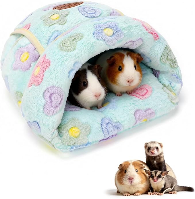 YUEPET Guinea Pig Bed, Warm Fleece Cuddle Cave, Green Flower | Cozy Guinea Pig House, Portable Guinea Pig Hideout, Soft Coral Fleece, Washable Cushion, Slipper Shape
