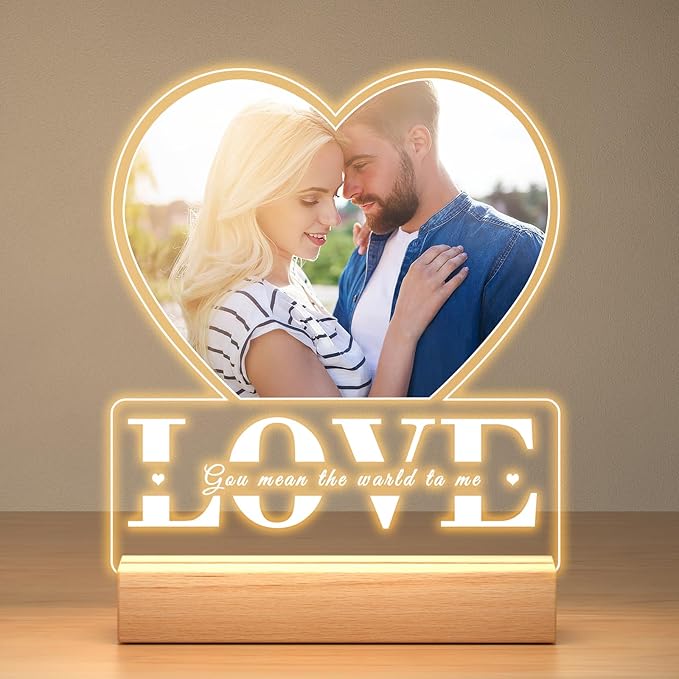 Personalized Picture Frame with Photo, Custom Photo Frame with Night Light, Customized Gifts for Girlfriend Boyfriend, Personalized Christmas Anniversary Couple Gifts for Women Men Her Him Wife