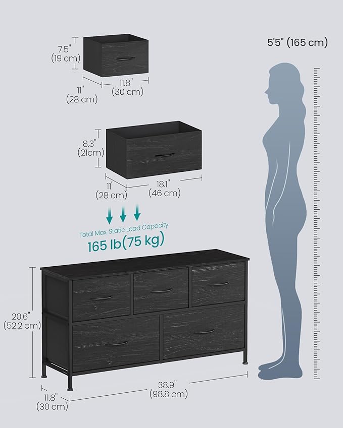 SONGMICS BELLAH Collection - Dresser for Bedroom, Chest of Drawers, Storage Organizer Unit, Closet, Entryway, Steel, 5 Drawers, Modern, Ebony Black ULGS322BE02S
