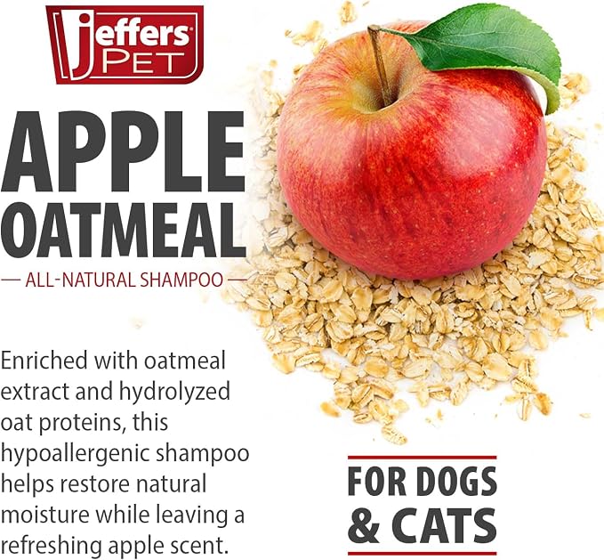 Jeffers Pet Apple Oatmeal Shampoo for Dogs & Cats, 128 oz - Gentle Coconut Based Formula w/Colloidal Oat Protein, Soap Free, Deodorizing Apple Scent, Sensitive Skin, Puppies Kittens Grooming Care