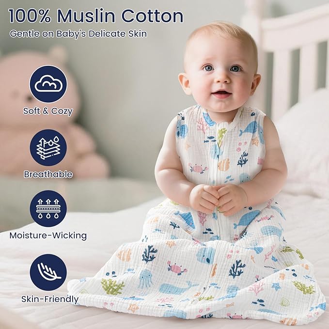 PHF 100% Muslin Cotton Baby Sleep Sack, 0-6 Months Baby Wearable Blanket with 2-Way Zipper, 2 Pack Soft Breathable Cooling 0.5 TOG Small Size Sleeveless Sleeping Bag for Boys/Girls, Mermaid