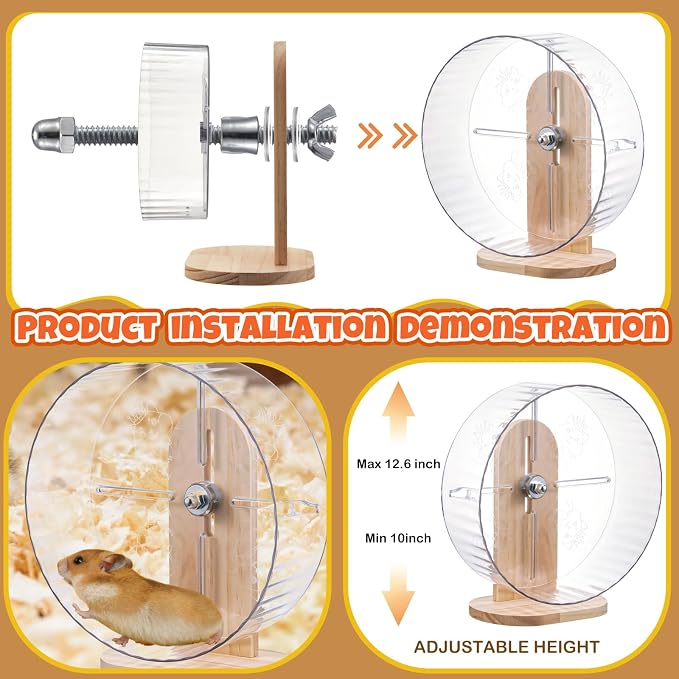 18 Pcs Hamster Cage Accessories, Silent Hamster Wheel 15 Toys Set | Maze Wood House and Water Bottle Set for Rat Mice Small Animals Habitat Decor Enrichment Starters(Natural Log Style)