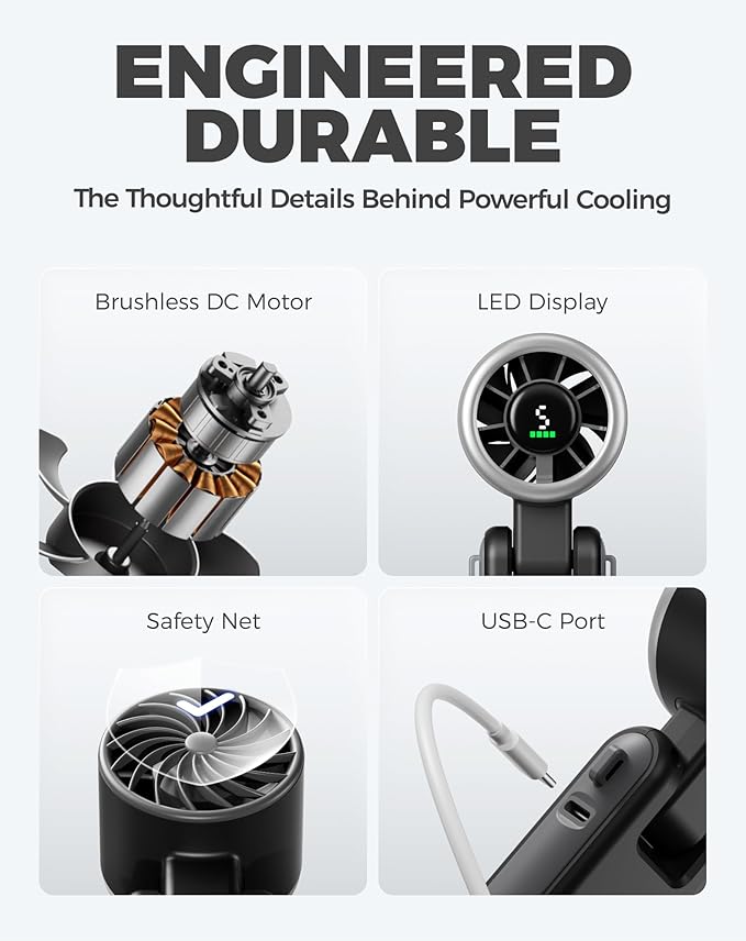Diveblues Portable Handheld Turbo Fan, 5 Gear Wind, Battery Operated, Up to 12 Working Hours, 3 IN 1 Hand Fan with Air Turbo Tech Cooling Fan for Outdoor Activities, Travel, Working, Obsidian black