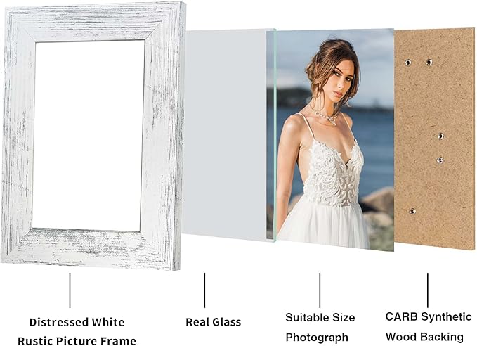 iRahmen 5x7 Picture Frame Set of 4, High Definition Glass Distressed White Frame, 5 x 7 Wood Photo Frames for Tabletop Display and Wall Mounting