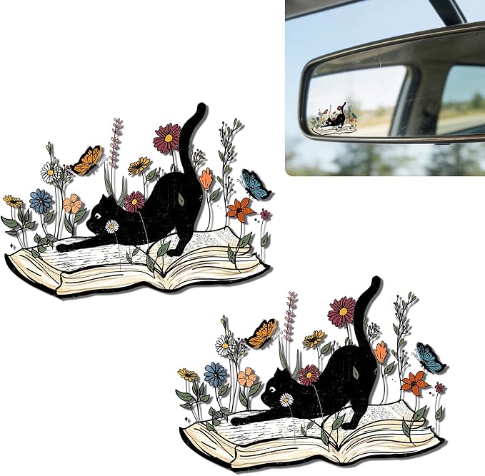 2Pack Book Cat Car Vinyl Sticker and Decal for Rear View Mirror | Cute Book Cat Mirror Sticker Waterproof,Car Accessories Decor,Cat Gifts for Women Men,Laptop Bathroom Mirror