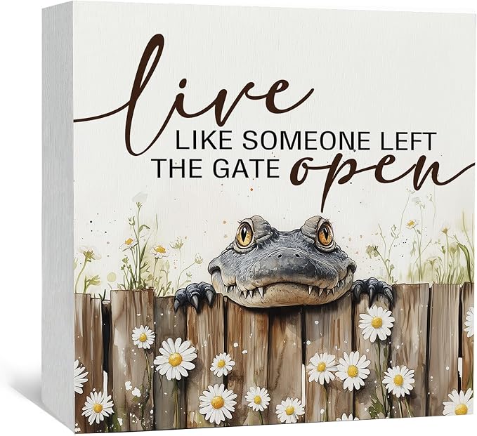 Nursery Crocodile Wooden Box Sign, Cute Live Like Someone Left the Gate Open Wooden Signs for Home Decor,Funny Animal Kitchen Bedroom Decor,Alligator Gifts for Kids Boys, 5x5