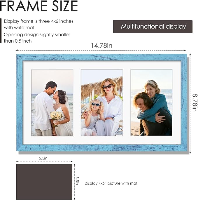 8x14 Collage Picture Frame 4x6 Collage Picture Frame Displays Three 4x6 inch Photos or 8x14 (Without Mat) for Available Horizontal Wall Mounting Display and Vertical Blue