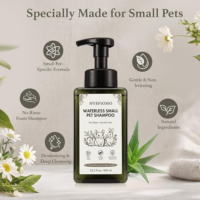 15.2 oz Large Capacity Waterless Small Animal Shampoo - No Rinse Dry Foam for Guinea Pig, Bunny, Ferret - Essential Pet Grooming Kit & Odor Eliminator