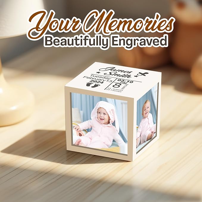Personalized Mini White Wood Photo Cube for New Mom– Custom Name Picture Frame Memory Box for Baby Milestones, Newborn Photo Props, Shower Gift, or Nursery Shelf Display & Keepsake Decoration