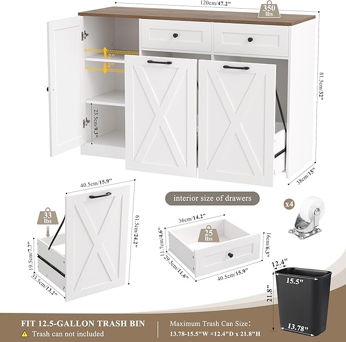 HOSTACK 12.5 Gallon Kitchen Trash Cabinet, 47" Double Trash Can Cabinet, Large Pull Out Can Storage Drawers, Wood Farmhouse Hidden Garbage Storage Buffet for Kitchen, Dining Room, White