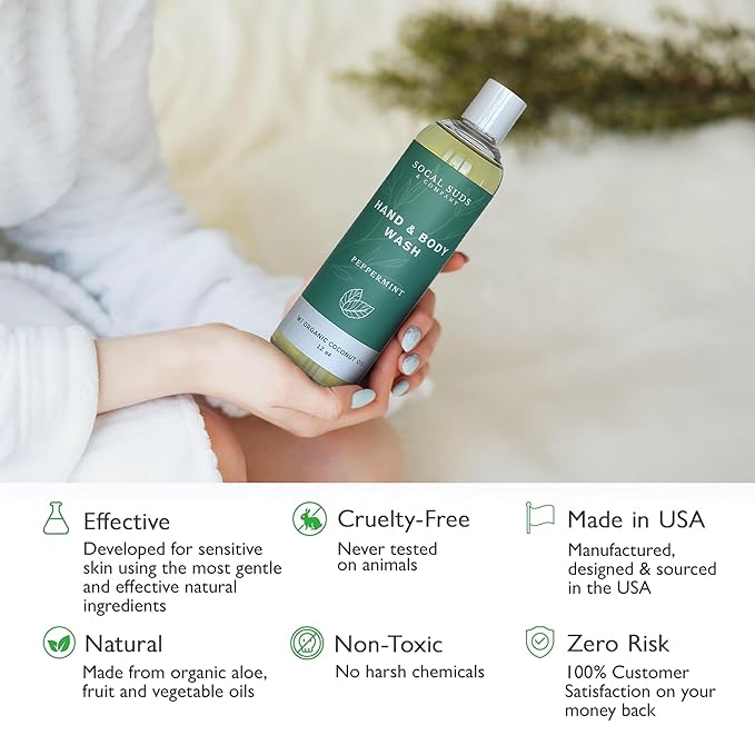 SoCal Suds & Company - 12oz Organic Soap Liquid, Gentle Hand & Body Wash, Organic Body Wash for Men and Women, Made w/Organic Oils & Coconut Oil, Bath Essentials for All Skin Types - Peppermint