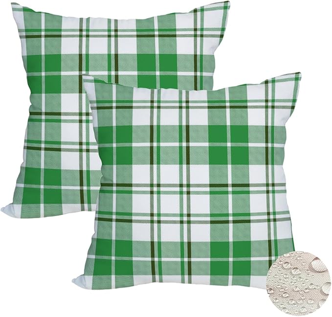 Fukeen 2 Pack Waterproof Outdoor St. Patrick's Day Pillow Covers 18x18 Inch Green and White Buffalo Plaids Checked Throw Pillow Cases Spring Farmhouse Decorations Cushion Cover Double Sided